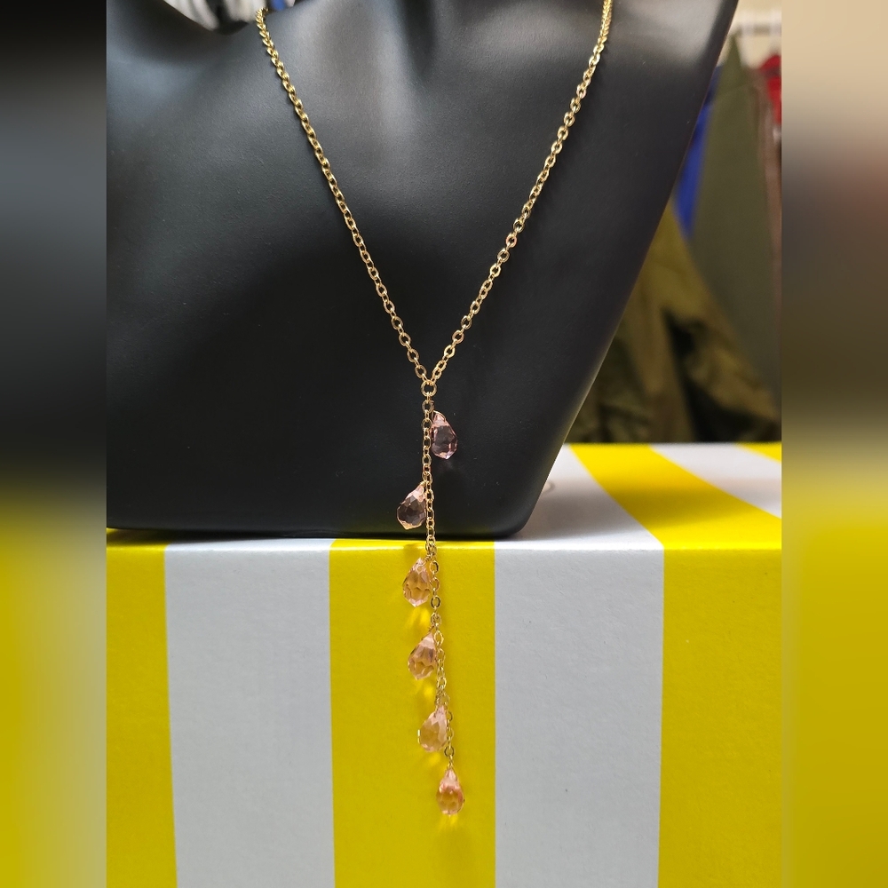 Elegant Gold Tone and Pink Drop Necklace and Matching Earrings